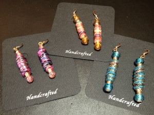 Earrings made from recycled fabric and yarn